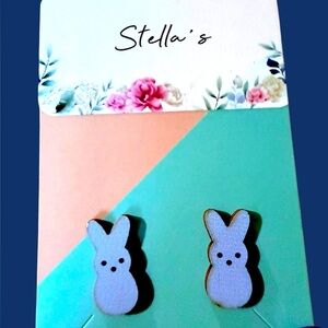 Peeps Easter Bunny rabbit pierced earrings blue wood studs new